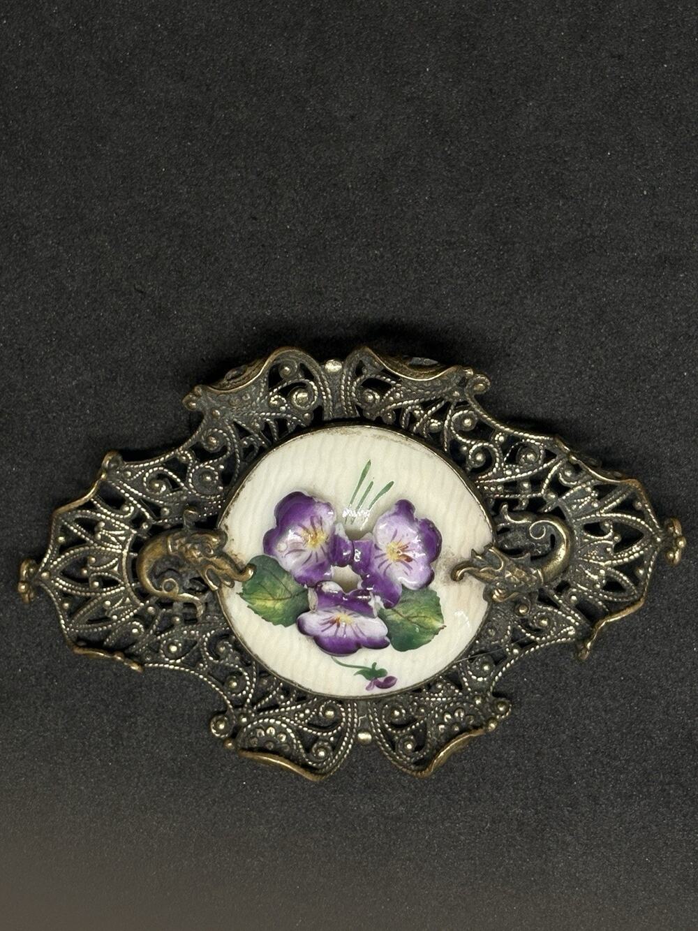 Antique Art Nouveau Filigree Brass Brooch Porcelain Painted Pansy Porcelain Pin